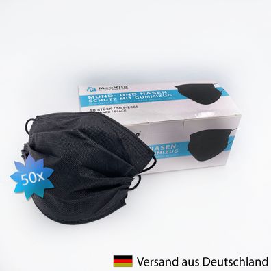 50x Mund- und Nasenschutzmaske mit Gummizug schwarz EN14683 Typ IIR
