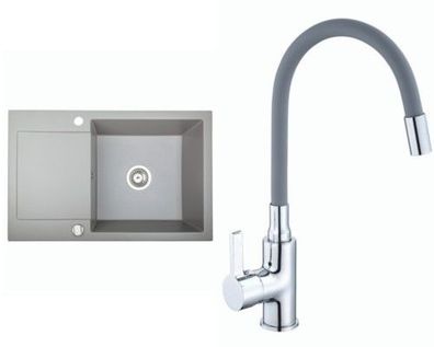 Spülbecken ALKOR CC - Grau / Armatur + Siphon/ 78x50 cm Küchenspüle/ Granitspüle
