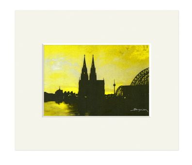 Bild Köln Skyline gelb Dom Rheinbrücke 30 cm Kunstdruck H. Brosien Passepartout