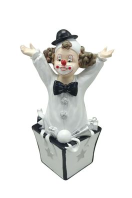 Dekofigur Clown in Geschenk Kiste schwarz weiß 16 cm Figur Karneval Harlekin
