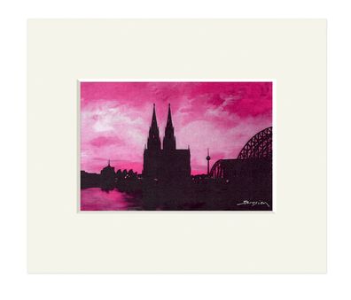 Bild Köln Skyline pink Dom Rheinbrücke 30 cm Kunstdruck H. Brosien Passepartout