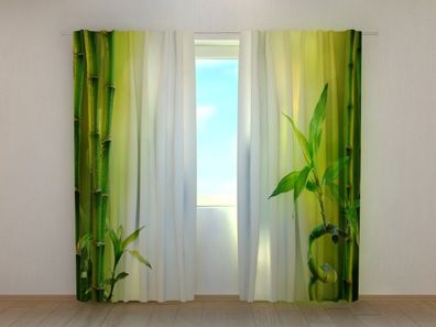 Fotogardine grüner Bambus auf weiß, Vorhang mit Motiv, Fotodruck, Gardine auf Maß