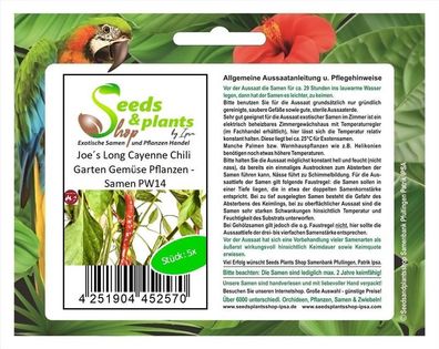 5x Joe&acute; s Long Cayenne Chili Garten Gemüse Pflanzen - Samen PW14
