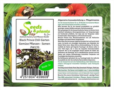 5x Black Prince Chili Garten Gemüse Pflanzen - Samen PW170