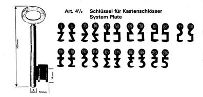 Bartschlüssel 100 mm lang System Plate Artikel 4 1/2 Für Kastenschlösser