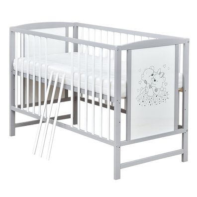 Babybett Gitterbett Kinderbett Bärchen 120x60 Grau Weiß mit Matratze