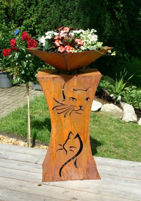 Rost Säule Katze Edelrostsäule Gartendeko mit Schale - Motiv beidseitig