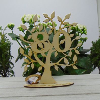 Zum 80. Geburtstag Gutschein Geldgeschenk Lebensbaum zum Jubiläum Tischdeko aus Holz
