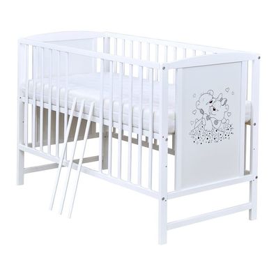Babybett Gitterbett Kinderbett Bär Weiß 120x60 Bärchen Motiv Matratze