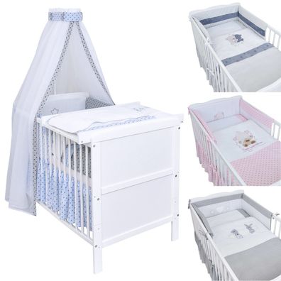 Babybett Kinderbett 140x70 Weiß Bettwäsche mit Stickerei Komplett Wickelbrett