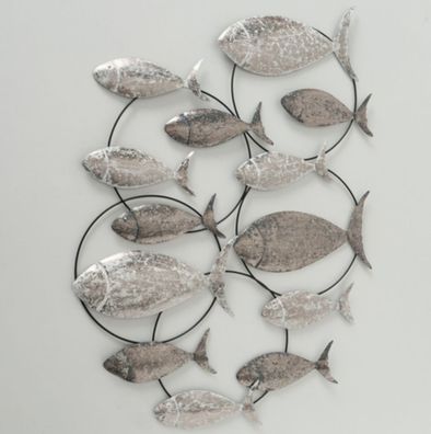 Wandobjekt Fischschwarm Maritimes Wandbild Edel Matt Glanz Metallic Töne 68 cm