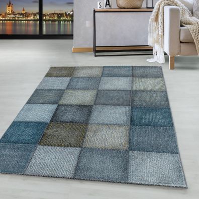 Kurzflor Teppich Blau Grau Modernes Quadrat Pixel Muster Wohnteppich Weich