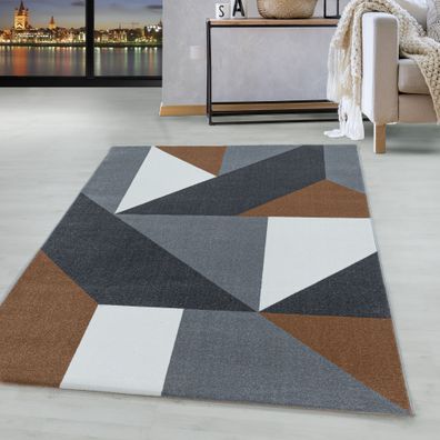 Kurzflor Teppich Terra Grau Muster Geometrisch Modern Wohnzimmerteppich Weich