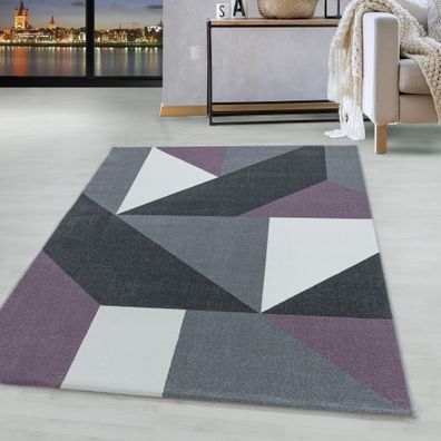 Kurzflor Teppich Lila Grau Muster Geometrisch Modern Wohnzimmerteppich Weich