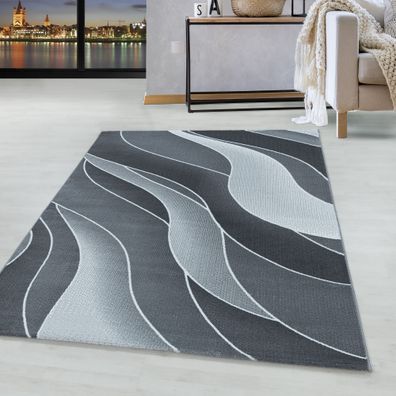 Kurzflor Design Teppich Wohnzimmerteppich 3-D Wellen Muster Soft Flor Grau