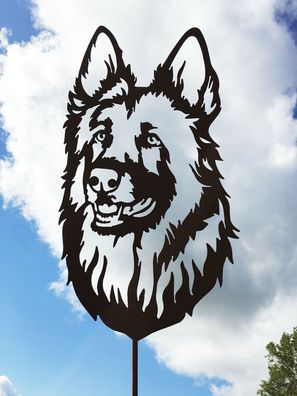Schäferhund 45x27cm auf Stab Gartenstecker Edelrost Rost Figur Hunde Kopf