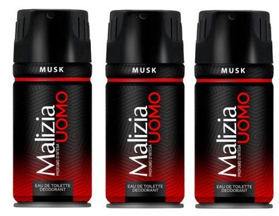 Malizia Uomo Musk Deo 3 x 150ml Deodorant Eau de Toilette Spray
