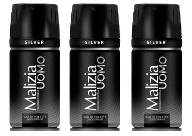 Malizia Uomo Silver Deo 3 x 150ml Deodorant Eau de Toilette Spray