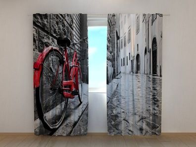 Fotogardine rotes Fahrrad in der Stadt, Vorhang mit Motiv, Fotodruck, Gardine auf Maß