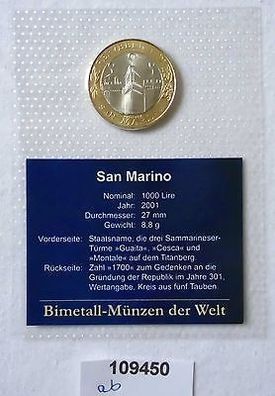 Bi-Metall Münze 1000 Lire San Marino 2001 in TOP Erhaltung im Blister