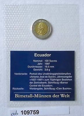 Bi-Metall Münze Ecuador 100 Sucres 1997 in TOP Erhaltung im Blister