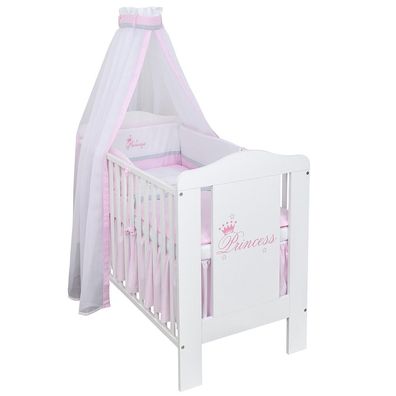Babybett Kinderbett Weiß 120x60 Princess Bettset Stickerei komplett