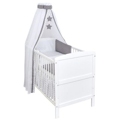 Babybett Kinderbett Weiß 140x70 Sterne grau Bettwäsche Bettset komplett