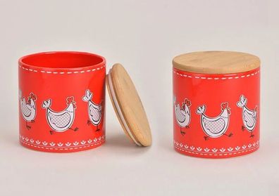 Vorratsdose rot Huhn Dekor Keramik Bambus Deckel Küche Geschenk
