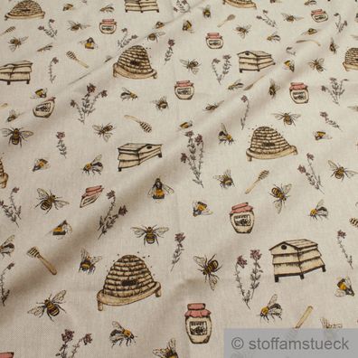 Stoff Baumwolle Polyester Rips natur Biene Leinenoptik Bienenstock Honig Imker