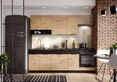 Küche Küchenzeile Küchenblock ELLA 240cm schwarz rustikale Eiche individuell stellbar