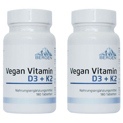 2 x Bergen Vegan Vitamin D3 + K2 - 5000 i.E. Menaquinon MK-7 360 vegane Tabletten