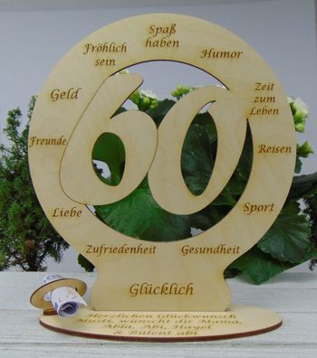 Zum 60. Geburtstag Personalisiert Wunschtext Geldgeschenk aus Holz Tischdeko