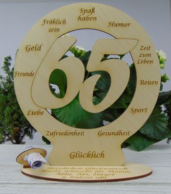 Geschenk zum 65. Geburtstag mit Wunschgravur Glückwünsche, Geldgeschenk Holz