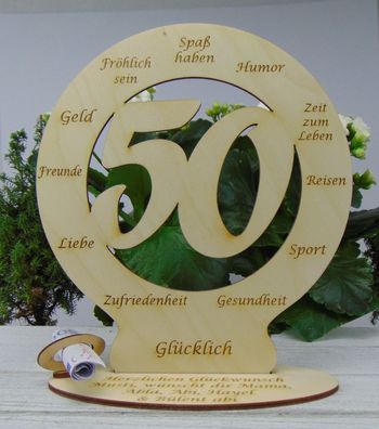 50. Geburtstag für Geldgeschenk Personalisierte Wunschtext Tischdekoration Holz