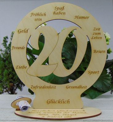 zum 20. Geburtstag mit Wunschgravur Geldgeschenk Personalisierte Tischdeko aus Holz