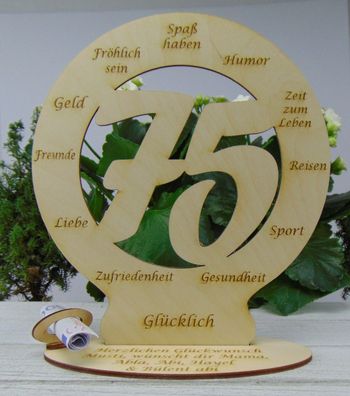 zum 75. Geburtstag Personalisierte Glückwünsche, Geldgeschenk Tischdeko aus Holz