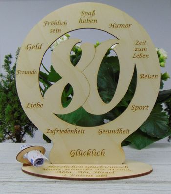zum 80. Geburtstag mit Wunschgravur, Personalisierte Tischdeko aus Holz