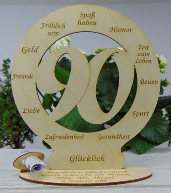 zum 90. Geburtstag mit Wunschgravur Glückwünsche, Geldgeschenk Tischdeko aus Holz
