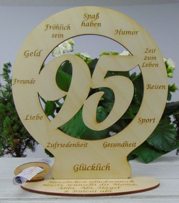 zum 95. Geburtstag mit Wunschgravur Glückwünsche, Geldgeschenk Tischdeko aus Holz