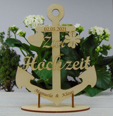 Zur Hochzeit, Anker aus Holz, Personalisiert mit Unterplatte Tischdeko Namensgravur