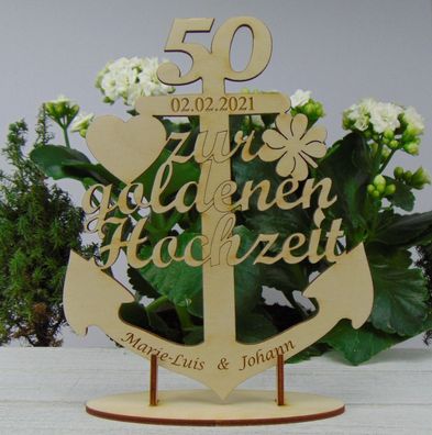 Zur Goldenen Hochzeit, Anker aus Holz, Personalisiert mit Unterplatte Tischdeko