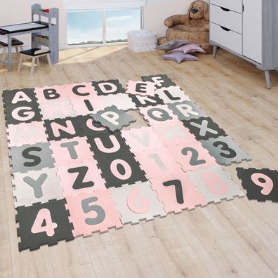 Puzzlematte Spielmatte Baby Kinder Matte Mädchen Zahlen Buchstaben Pastell Rosa