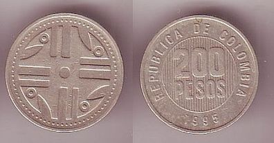 200 Pesos Kupfer Nickel Münze Kolumbien 1995 (109256)