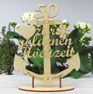 Goldene Hochzeit Anker stehend aus Holz 50 Jahre mit Gravur, Personalisiert, Geschenk