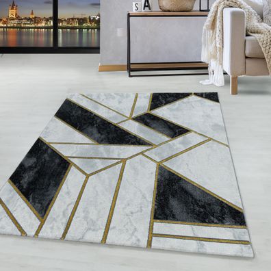 Kurzflor Design Teppich Wohnzimmerteppich Marmor Muster Abstrakt Linien Gold