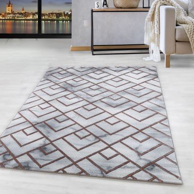 Kurzflor Design Teppich Wohnzimmerteppich Muster Marmoriert Linien Karo Bronze