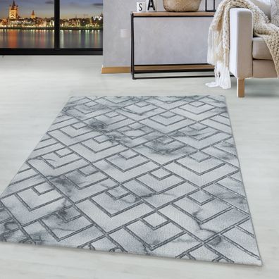 Kurzflor Design Teppich Wohnzimmerteppich Muster Marmoriert Linien Karo Silber