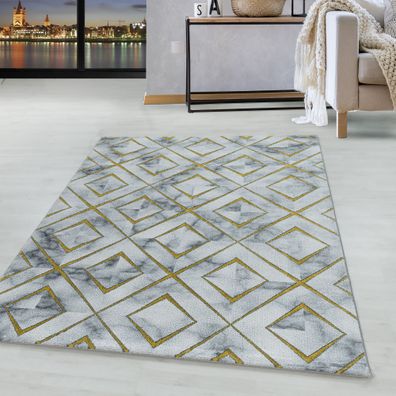 Kurzflor Design Teppich Wohnzimmerteppich Muster Marmoriert Rauten Karo Gold