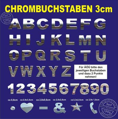 9 Stück 3D Chrombuchstaben zum aufkleben 3cm - 9 Zeichen, z.B. Outlander