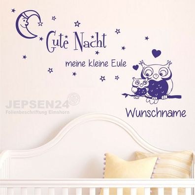 Wandtattoo Wunschname Gute Nacht kleine Eule Sterne Kinderzimmer Baby B04-S (Gr. S)